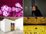 Top left: Dots Obsession — Love Transformed Into Dots, 2007. Top right: Sarah Stauderman looks through a peep hole to view Love Forever. Bottom left: They may look small, but once inside, the mirrored walls of Kusama's infinity rooms make the space feel endless. Bottom right: All the Eternal Love I Have for the Pumpkins, 20