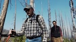 Ecologists Paul Hessburg (left) and Bill Gaines search for woodpeckers on Freezout Ridge on the side of Tiffany Mountain.