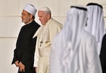 Pope Francis poses for a picture with Egypt's Azhar Grand Imam, Sheikh Ahmed al-Tayeb, as they arrive at Sheikh Zayed Grand Mosque in Abu Dhabi on Feb. 4, 2019.