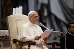 Pope Leo XIV attends a meeting with jubilee pilgrims from the Italian region of Umbria in St. Peter's Basilica at the Vatican, Saturday, Sept. 13.