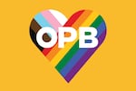 The Progress Pride Flag is shaped into a heart on the foreground of a yellow background. In white as the foreground is "OPB"