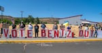 About 40 protesters stood outside the venue where Rep. Cliff Bentz, R-Ontario, was speaking at a Rotary Club meeting in The Dalles, Ore., Aug. 20, 2025.
