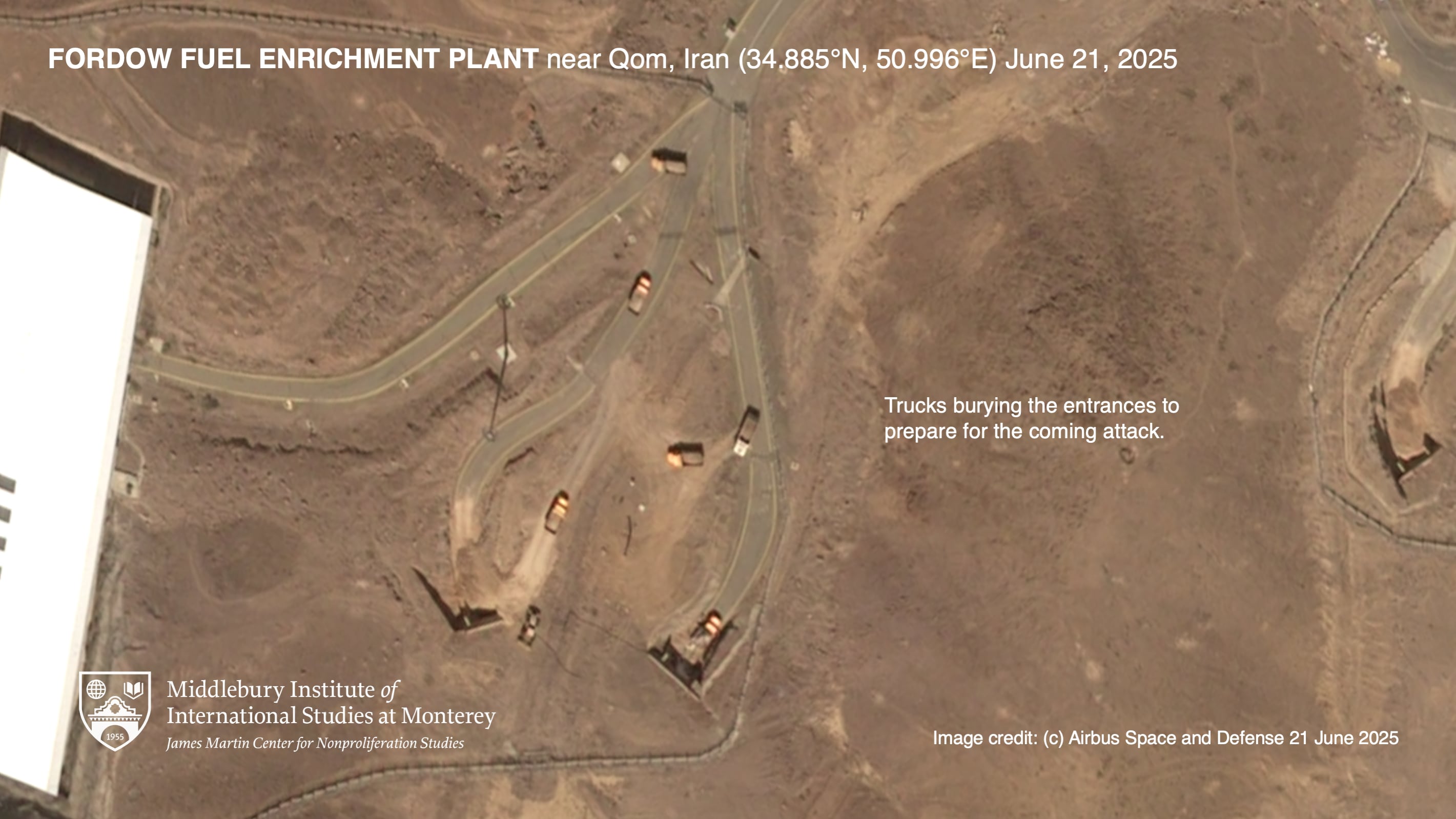 An image supplied by the Middlebury Institute of International Studies at Monterey shows trucks at the entrance of the Fordo enrichment facility the day before a U.S. strike on the site. Experts believe Iran could have spirited away its supply of highly enriched uranium in advance of the attacks.