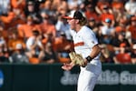 Oregon State pitcher AJ Hutcheson (32) celebrates an out during an NCAA regional baseball game against Saint Mary's on May 30, 2025, in Corvallis, Ore.