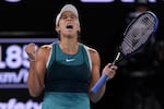 Madison Keys of the U.S. celebrates after defeating Aryna Sabalenka of Belarus in the women's singles final at the Australian Open tennis championship in Melbourne, Australia, Saturday, Jan. 25, 2025. (AP Photo/Ng Han Guan)