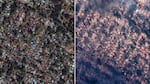 Before/after view of burning and destroyed houses near Marathon Road, Altadena.