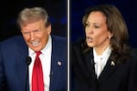 This combination of photos shows Republican presidential nominee former President Donald Trump, left, and Democratic presidential nominee Vice President Kamala Harris during an ABC News presidential debate at the National Constitution Center, Tuesday, Sept. 10, 2024, in Philadelphia.