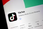 A phone screen displays TikTok available for download in an app store.