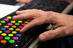 Stickers mark sounds in heavy rotation on John "JJ" Jackson's keyboard during a National Basketball Association Game between the Portland Trail Blazers and San Antonio Spurs at the Moda Center in Portland, Ore., Thursday, Feb. 6, 2020. The stickers mark particular sound effects or collections of sounds.