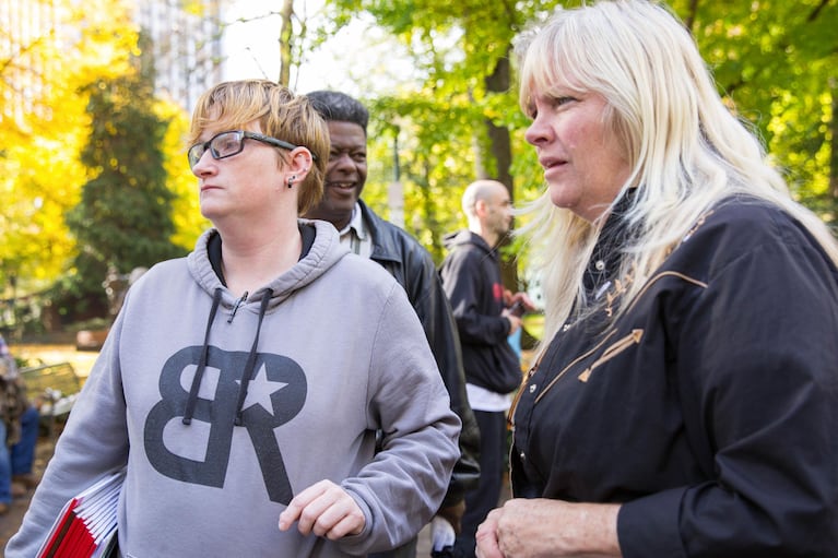 An alternate juror with defendant Shawna Cox outside the federal courthouse in downtown Portland.
