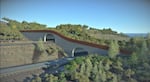 This undated artist's rendering from the Oregon Department of Transportation shows the design of an overpass crossing for wildlife spanning above four lanes of traffic on I-5, looking southeast. ODOT is expected to begin construction on the crossing in 2028 in the Cascade-Siskiyou National Monument, less than two miles north of the California border.