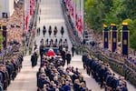 The coffin of Norway’s King Harald V is carried from the Royal Palace to Oslo Cathedral during a funeral procession in Oslo, Norway, Wednesday, Sept. 9, 2026.