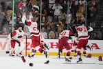 The Carolina Hurricanes celebrates after a win over the Vegas Golden Knights in Game 6 of the NHL hockey Stanley Cup Final series against the Vegas Golden Knights, Sunday, June 14, 2026, in Las Vegas.