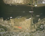 A creosote sheen from the McCormick & Baxter site stretches into the Willamette River in 2004.