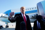 President Donald Trump speaks to the media before boarding Air Force One, at Andrews Air Force Base, Md. The President is traveling to Texas to examine the border wall with Mexico.