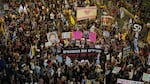 People take part in a protest demanding the end of the war and immediate release of hostages held by Hamas in the Gaza Strip, and against Prime Minister Benjamin Netanyahu's government in Tel Aviv, Israel, Saturday.