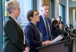 (Left to right) Oregon Gov. Tina Kotek, Multnomah County Chair Jessica Vega Pederson, and Portland Mayor Ted Wheeler, at a press conference in Portland, Jan. 30, 2024, where a a 90-day state of emergency was declared to address the fentanyl crisis in Portland. The action followed a recommendation by the Portland Central City Task Force, and will direct resources in an “unified response.”