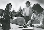 (From left) Jan Chavez, Sonny Montes and Jose Romero in front of Colegio César Chávez in 1973.