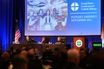 The Rev. Michael J.K. Fuller (from left), Archbishop Timothy Broglio and Archbishop William Lori of Baltimore conduct the United States Conference of Catholic Bishops plenary assembly in Baltimore on Tuesday.