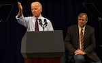 Vice President Joe Biden campaigning for Sen. Jeff Merkley, right, in Portland on October 8, 2014.