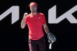 Alexander Zverev of Germany reacts after winning the first set during his semifinal match against Novak Djokovic of Serbia at the Australian Open tennis championship in Melbourne, Australia, on Friday.