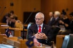 House Minority Leader Carl Wilson, R-Grants Pass, listens to debate on the floor of the House at the Capitol in Salem, Ore., Monday, April 1, 2019.