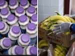 The photo on the left shows individual-size bottles of milk with lavender caps. The photo on the right shows a pair of gloved hands handling bananas in a cardboard box.
