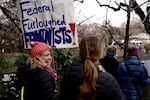 Jennifer Rowlan, a park ranger at the Columbia River National Fish Hatchery complex, at the 2019 Women's March in The Dalles.