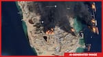 An AI-generated image showing multiple fires on and near Kharg Island, Iran located in the Persian Gulf.