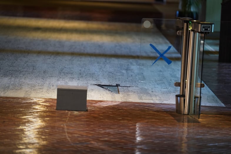 Glass gates are missing and the carpet is damaged from tires where former food and beverage employee Bruce Valentine Whitman crashed a rental car carrying several pipe bombs into the Multnomah Athletic Club in Portland, Ore., on May 5, 2026.