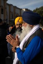 Marchers pray at Gurdwara Sahib Sikh Temple before finishing the last 3 miles of their 300 mile march to California State Capital all the way from Bakersfield. Sacramento, California. November 1, 2024. The Jakara Movement’s powerful "Nirbhau & Niyaa Morcha" (Fearless for Justice March), a 24-day, 350-mile on foot march from Bakersfield to Sacramento commemorates 40 years since the 1984 Sikh Genocide.