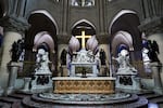 This photograph shows the tabernacle designed by French artist and designer Guillaume Bardet, in the heart of Notre-Dame de Paris cathedral in Paris, on November 29, 2024. The Notre-Dame Cathedral is set to re-open early December 2024, with a planned weekend of ceremonies on December 7 and 8, 2024, five years after the 2019 fire which ravaged the world heritage landmark and toppled its spire. Some 250 companies and hundreds of experts were mobilised for the five-year restoration costing hundreds of millions of euros. (Photo by STEPHANE DE SAKUTIN / POOL / AFP) / RESTRICTED TO EDITORIAL USE - MANDATORY MENTION OF THE ARTIST UPON PUBLICATION - TO ILLUSTRATE THE EVENT AS SPECIFIED IN THE CAPTION (Photo by STEPHANE DE SAKUTIN/POOL/AFP via Getty Images)