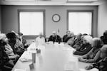 Residents of Port Angeles, Washington fill a room in the Port Angeles Senior Center for a weekly political discussion where they talk about both national and local government, on October 10, 2024.