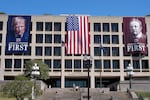 Images of President Trump and former President Theodore Roosevelt are displayed on the side of the U.S. Department of Labor on August 25, 2025 in Washington, DC.