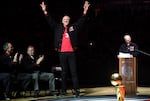 Portland Trail Blazers great Bill Walton is introduced during a ceremony at halftime of an NBA basketball game between the Blazers and the Los Angeles Lakers in Portland, Ore., Wednesday, Jan. 25, 2017. The ceremony celebrated the 40th anniversary of the team's NBA championship in 1977.