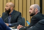 Joey Gibson, left, and MacKenzie Lewis during trial on Monday, July 18, 2022, in Multnomah County Circuit Court. Lewis, Joey Gibson, and Russell Schultz III, faced charges for allegedly instigating a street fight between Patriot Prayer and anti-fascists on May 1, 2019, at the now-closed bar Cider Riot.