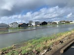 A flooded airport runway