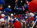 Balloons fall in celebration of Kamala Harris officially accepting presidential nomination.