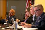 FILE: Commissioner Mingus Mapps glances around the Portland City Hall chambers during a public work session on city charter reform on July 18, 2023. Portland remains the only major U.S. city to operate on a commission form of government. City Council members are all given city bureau assignments from the mayor, currently Ted Wheeler.