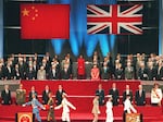 Chinese President Jiang Zemin (center left) takes part in the official handover ceremony, marking Britain's return of Hong Kong to China on July 1, 1997, in Hong Kong. This ended 156 years of British colonial rule over the territory.