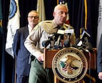 Deschutes County Sheriff Shane Nelson, right, speaks during a press conference in Portland, Ore., June 28, 2017.