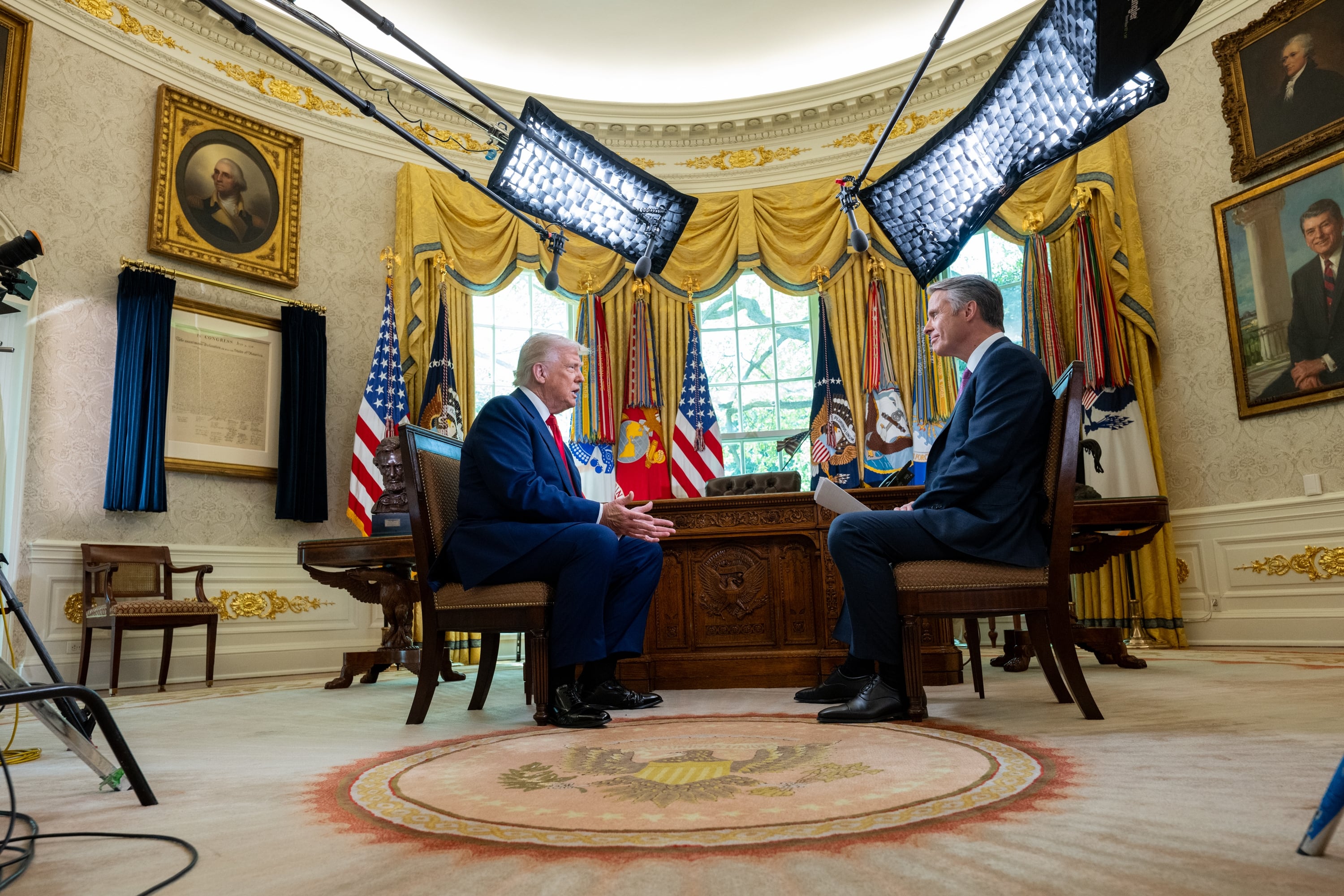 President Donald Trump is interviewed in April by Terry Moran from ABC News in the Oval Office.