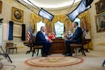 President Donald Trump is interviewed in April by Terry Moran from ABC News in the Oval Office.