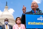 Peter DeFazio speaks at a podium in front of the U.S. Capitol Building.