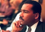 Dexter King, son of the late civil rights leader Martin Luther King Jr., listens to arguments in the State Court of Criminal Appeals in Jackson, Tenn., Friday, Aug. 29, 1997, to determine whether two Memphis judges overstepped their authority surrounding the investigation of the King assassination. The King Center in Atlanta said the 62-year-old died Monday at his California home.