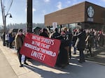 FILE - In this Jan. 27, 2022 photo, Starbucks employees rally outside the South Hills store on Willamette Street in Eugene, Ore., to demand a union. A few months later, the store became the first in Oregon to unionize.