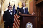 FILE—In a show of Republican unity, Speaker of the House Mike Johnson, R-La., left, and Senate Majority Leader John Thune, R-S.D., make statements to reporters ahead of vote in the House to pass a bill on President Donald Trump's top domestic priorities of spending reductions and tax breaks, at the Capitol in Washington, Thursday, April 10, 2025. Now that the bill has passed the House, Thune and Senate Republicans can afford to lose only three Republican senators and still pass the Trump's spending plan. (AP Photo/J. Scott Applewhite, File)