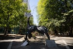 A makeshift elk statue stands between Chapman and Lownsdale squares Aug. 30, 2020, in Portland, Ore. The city removed the previous elk statue weeks prior amid nightly protests.