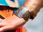 Olivia Corbett, a Pendleton Roundup Court Queen, wears an intricate piece of rodeo jewelry.