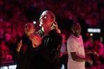 Portland Fire center Luisa Geiselsoder looks up during player introductions before a WNBA preseason basketball game against the Los Angeles Sparks, Sunday, May 3, 2026, in Portland, Ore.